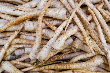 Parsnip full frame background root vegetable. Parsnip on the shelf in the supermarket