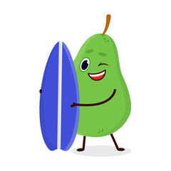 Juicy ripe green pear fruit on surfboard conquers wave. Cheerful fruit is engaged in extreme sports. Cartoon Vector isolated on white background