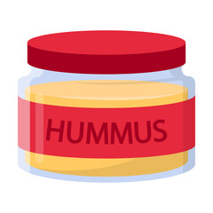 Hummus and snack vector illustration. Drawing of Arabic bean paste in glass jar isolated on white background. Food, nutrition concept