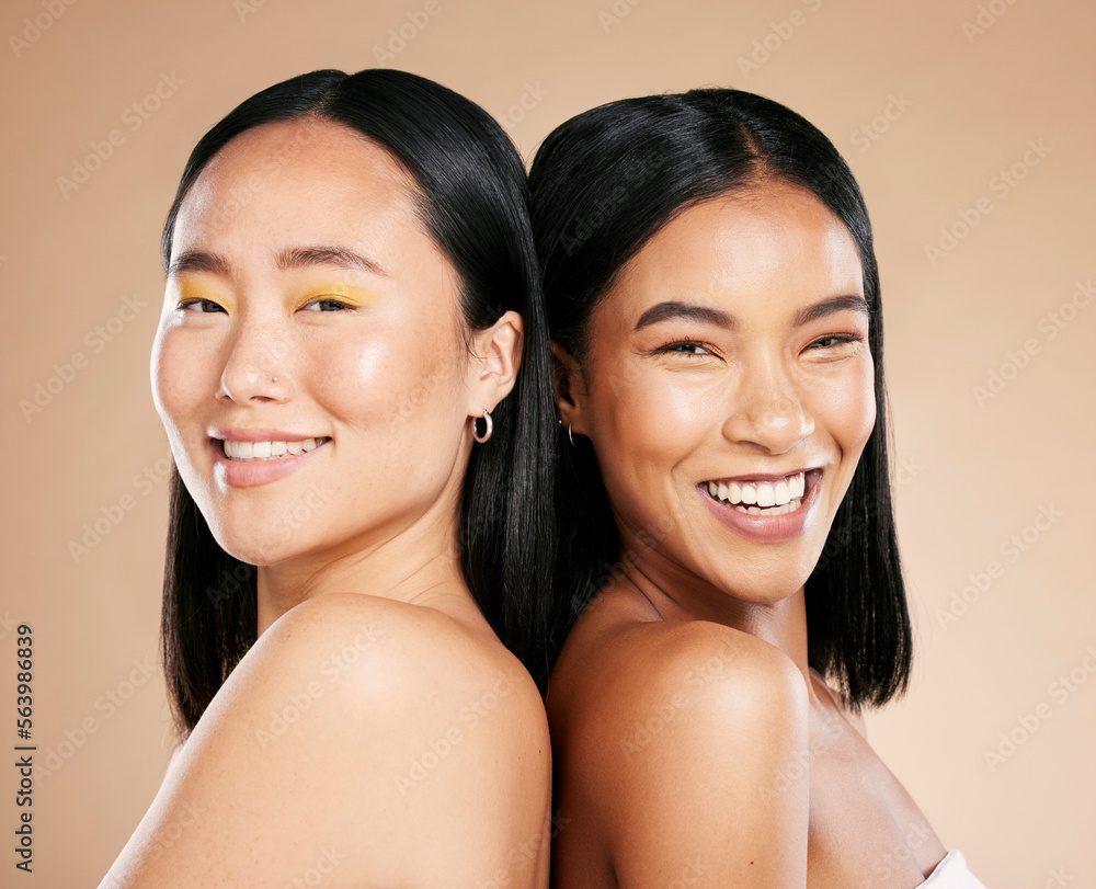 Sticker Portrait, makeup and diversity with model woman friends in studio on a beige background for skincare. Face, skin and wellness with a young female and friend posing to promote a cosmetic product