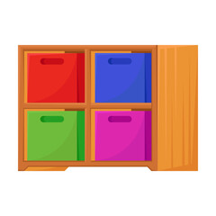 Kindergarten nightstand with boxes for storing small items vector illustration. Cartoon drawing of furniture for children, bedroom or studying room interior