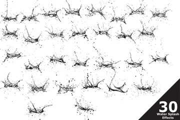 Water splash effects, black ink drops, sketched art, transparent 300dpi include cmyk colors mode.