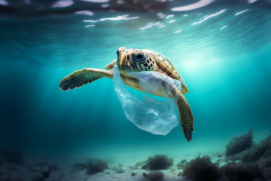 Turtle with a plastic bag. Ocean plastic pollution concept. Generative AI