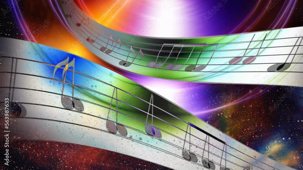 Aufkleber music note and silhouette music speaker and space with stars. abstract color background. music conce