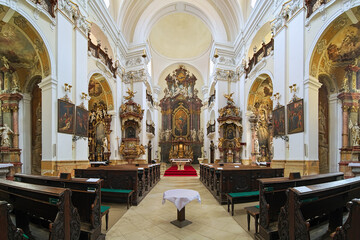 Fototapeta na wymiar Hradec Kralove, Czech Republic. Interior of Church of the Assumption of the Blessed Virgin Mary. The church was built in 1654-1666 by design of the Jesuit monk and architect Carlo Lurago.