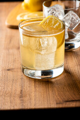 Whiskey sour. Classic Cocktail. Mixed drink with whiskey, lemon juice, sugar, and optionally, a dash of egg white. It is a type of sour, a mixed drink with base spirit, citrus juice, and a sweetener. 