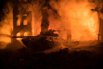 War Concept. Military silhouettes fighting scene on war fog sky background, World War Soldiers...