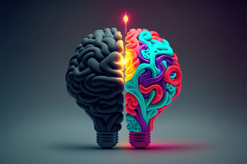 creative lightbulb dark and colorful brain on dark background 3d illustration for powerful idea generate and growing