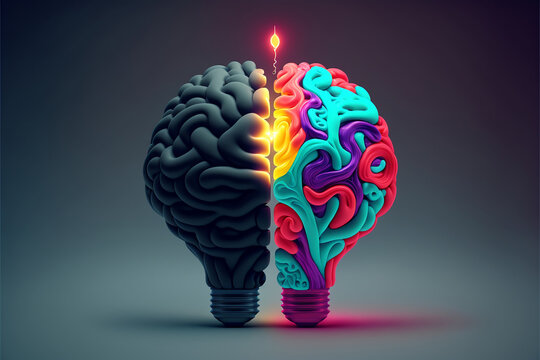 creative lightbulb dark and colorful brain on dark background 3d illustration for powerful idea generate and growing