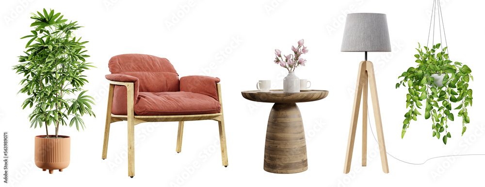 Poster Various elements for use in interior design, isolated on transparent background. 3D render. 3D illustration.