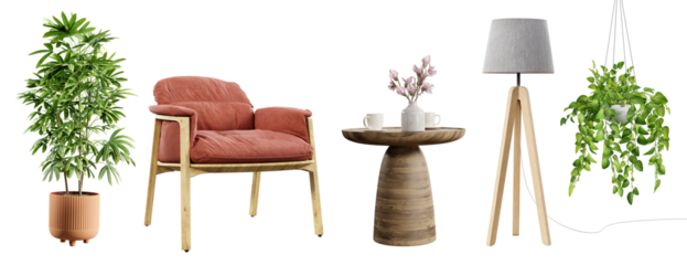 Various elements for use in interior design, isolated on transparent background. 3D render. 3D illustration.