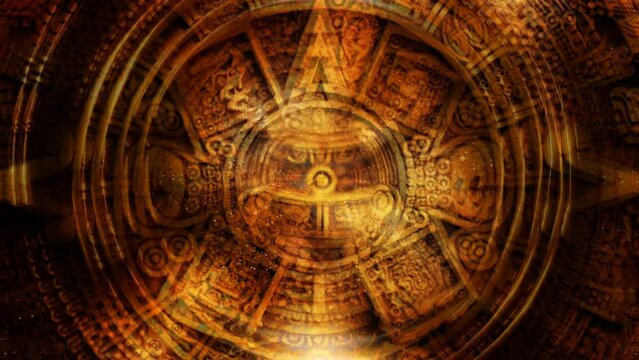 Ancient Mayan Calendar, abstract color Background, computer collage. Loop Animation