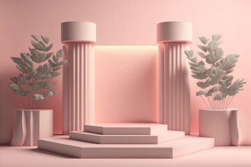 Studio interior with a podium for displaying products with elements of vegetation and decorations.  Generative Ai.