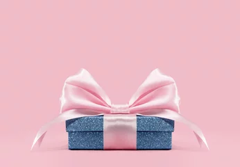 Fotobehang Blue glitter gift box with shining pink ribbon bow on pink background. Gift or holiday concept. Mothers or Fathers Day, birthday wedding or St Valentines day banner with copy space. Minimal © taniasv