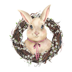 Easter bunny in a wreath of branches with apple blossoms. Digital illustration - 563989422