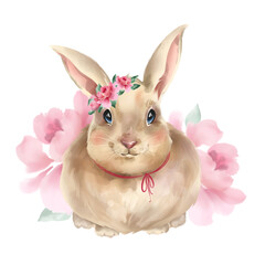 Easter bunny on a floral background. Digital illustration - 563989448