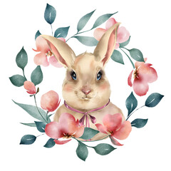Easter bunny in a frame of watercolor flowers. Digital illustration in watercolor style - 563989449