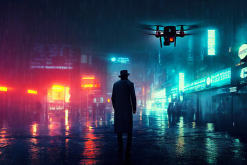 Man in coat and hat on the street of cyberpunk city. Rain falls down, neon lighting. Generative AI