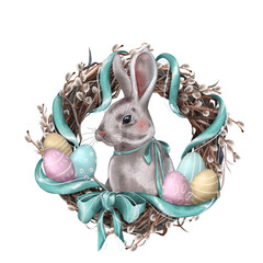 Easter bunny in a willow wreath with ribbons and painted eggs. Digital illustration. - 563989484