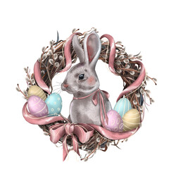 Easter bunny in a willow wreath with ribbons and painted eggs. Digital illustration - 563989488