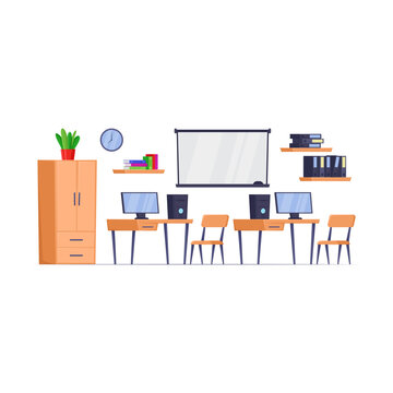 Interior of a computer class with modern computing devices and a projector for viewing slides. Facilities for school children vector illustration. Education concept