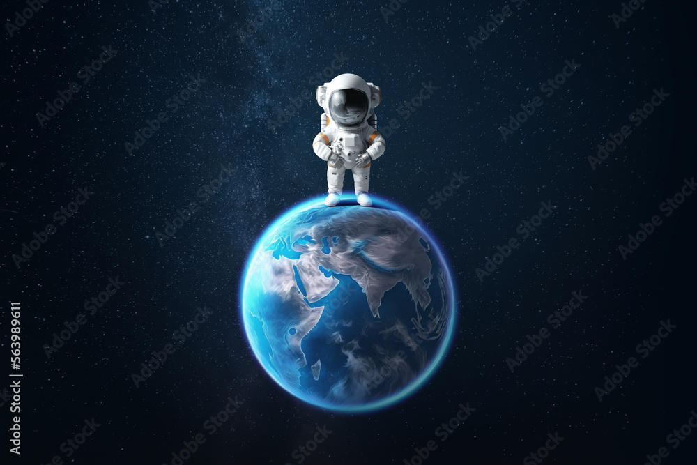 Wall mural an astronaut in a white spacesuit hanging in space against the backdrop of planet earth. copy space,