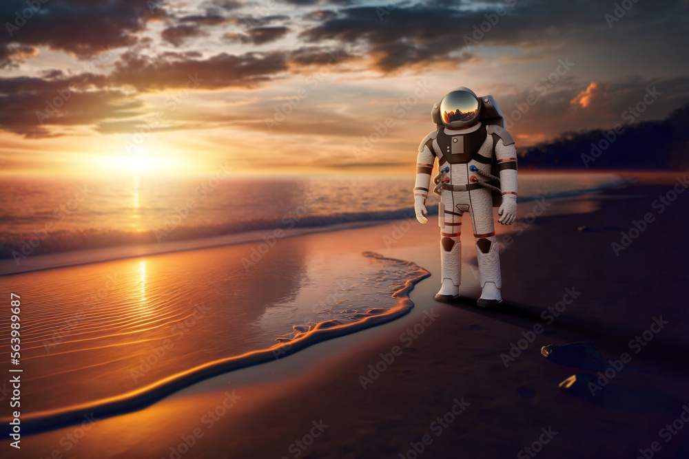 Poster astronaut in white spacesuit standing on the surface of mars, colonization of mars, settlement of th