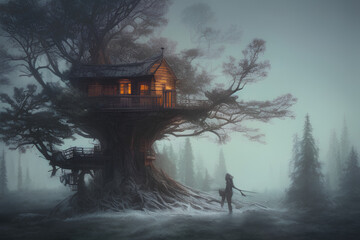 Scary tree-house in the woods