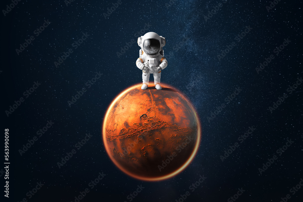 Poster astronaut in white spacesuit standing on the surface of mars, colonization of mars, settlement of th