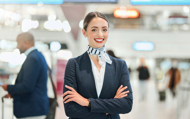 Airport, woman concierge and portrait with smile, arms crossed and vision for career in international travel. Customer service, transport service expert and happy for job with motivation at workplace - obrazy, fototapety, plakaty