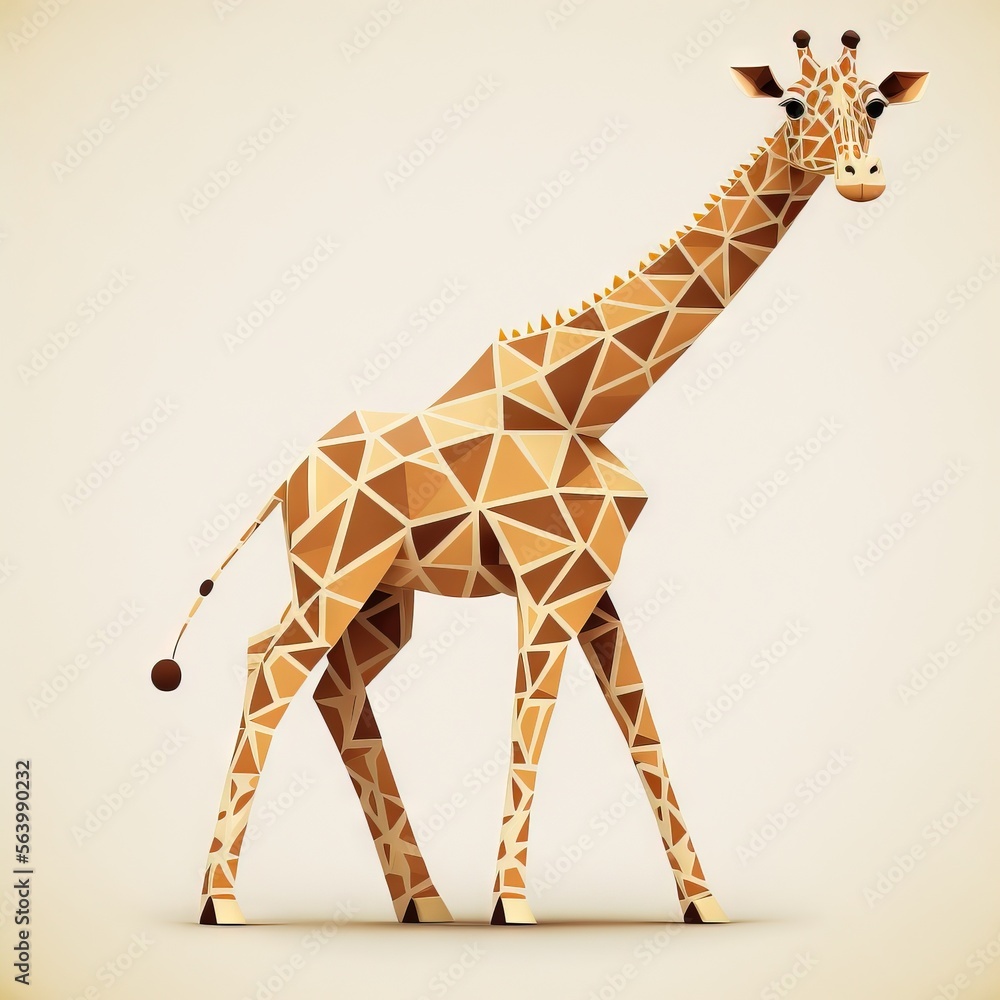 Poster a giraffe made of triangles on a white background with a brown background and a light brown backgrou