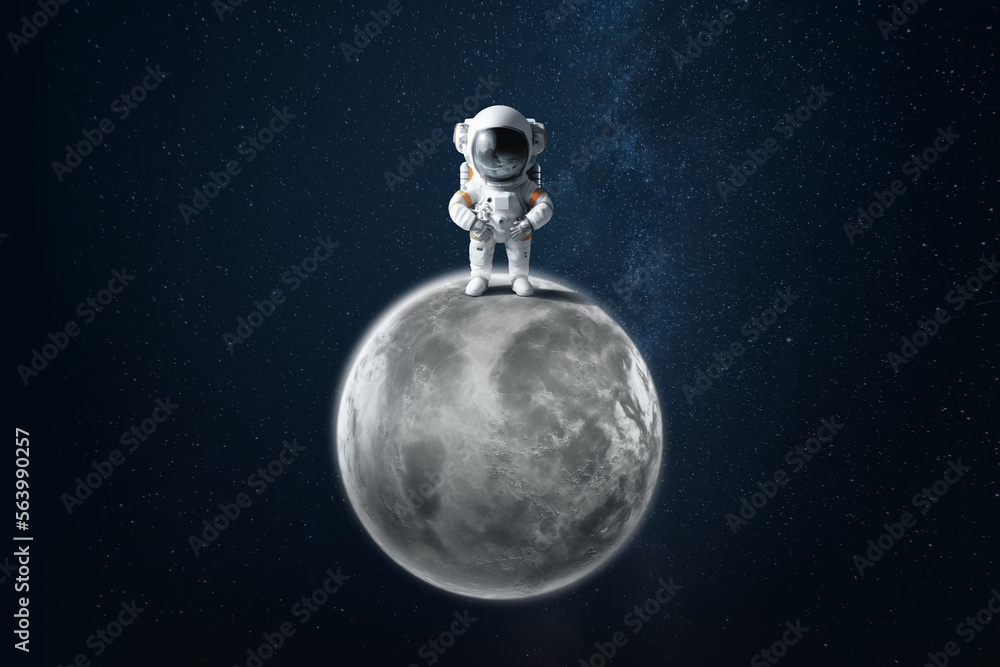 Wall mural an astronaut in a white spacesuit standing on the surface of the moon. exploring space and other pla
