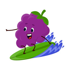 Juicy fresh forest blackberry fruit on surfboard conquers wave. Cheerful fruit is engaged in extreme sports. Cartoon Vector isolated on white background