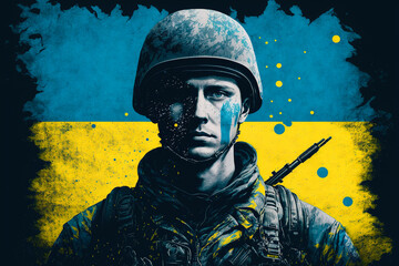 Portrait of a young ukrainian soldier against the background of the flag of ukraine, generative ai