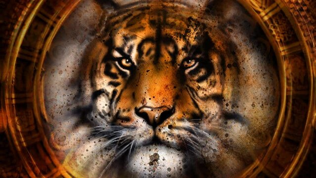 Ancient Mayan Calendar and Tiger head, abstract color Background, computer collage, Eye contact. Loop Animation