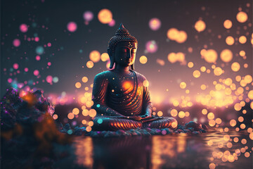 Buddha statue in the water with lotuses. AI generation
