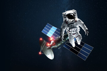 Astronaut in a white spacesuit in space on the background of a satellite. Exploration of space and other planets, colonization of the solar system. Copy space, 3D illustration, 3D renderer.