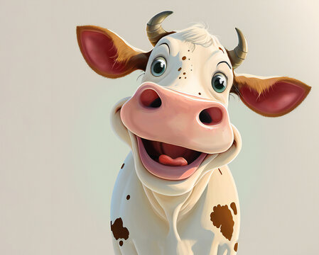 Funny white smiling cow with a pink nose in cartoon style on a light background with copyspace.AI generated.