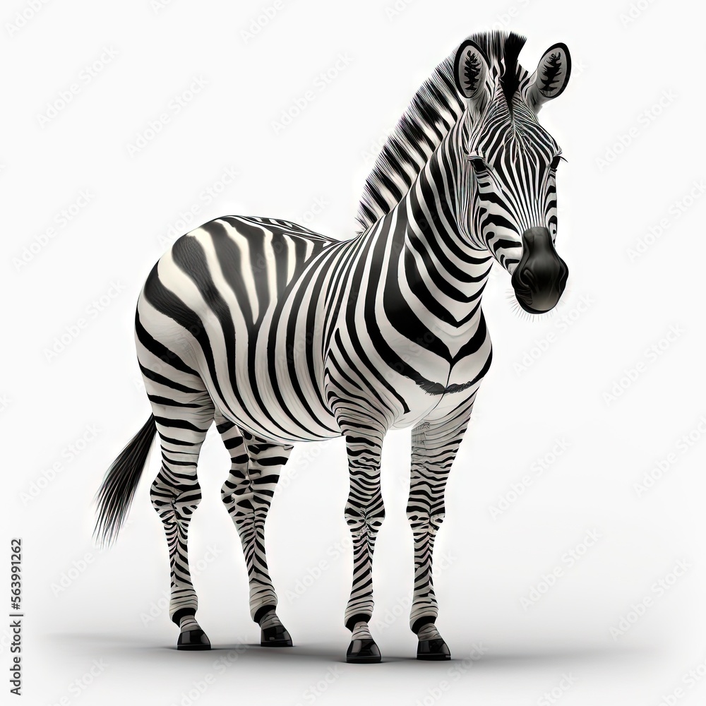 Poster a zebra standing on a white surface with a white background behind it and a black nose and tail, wit