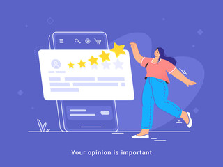 Consumer review and rating a service or goods. Flat vector illustration of woman standing near a big smartphone and leaving comment with 5 stars rating. Customer feedback and user positive rating