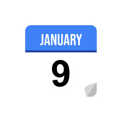 9 January calendar date icon on transparent background
