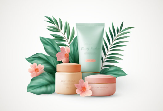 3d Realistic Scene Of Cosmetic Products And Tropical Palm Leaves. Web Site Design, Cosmetics Store Page Landing. Vector Illustration