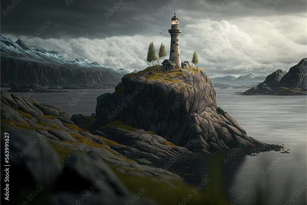 Aufkleber a lighthouse on a rock in the middle of a lake with mountains in the background and a cloudy sky abo
