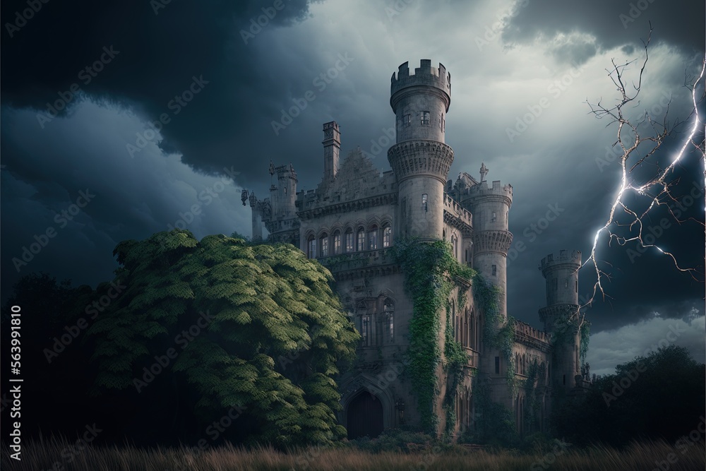 Poster a castle with a lightning bolt in the sky above it and a tree in front of it with a dark sky behind 