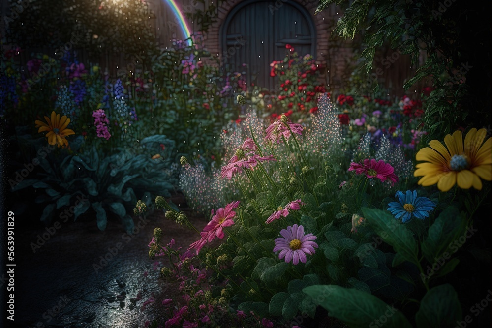 Poster a garden with flowers and a rainbow in the background with a building in the background with a rainb
