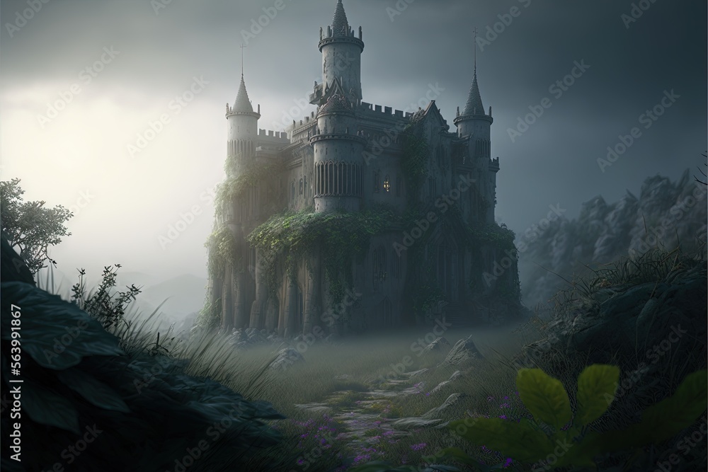 Poster a castle with a lot of towers and towers on it's side in the foggy sky above a field of flowers and 