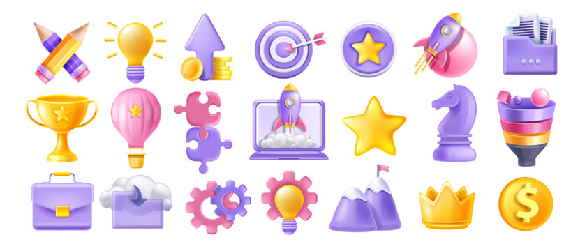 3D startup icon set, rocket launch, laptop screen, creative idea bulb, golden trophy, funnel. Business project vector marketing object kit, professional strategy concept. Startup icon achievement star