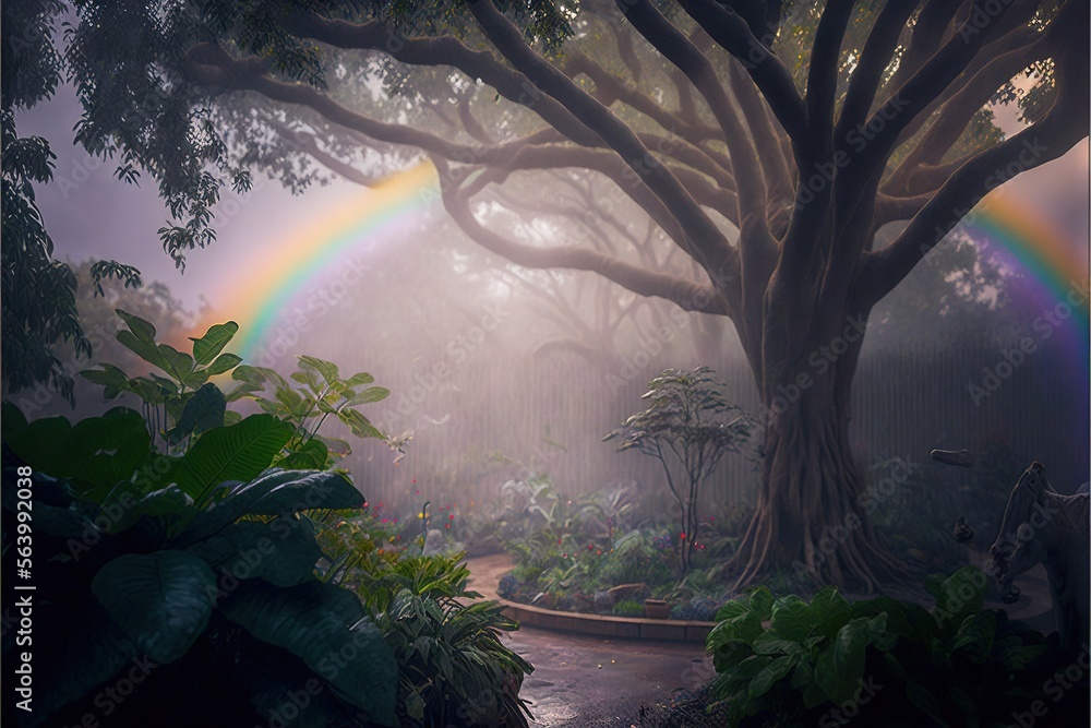 Poster a picture of a tree with a rainbow in the background