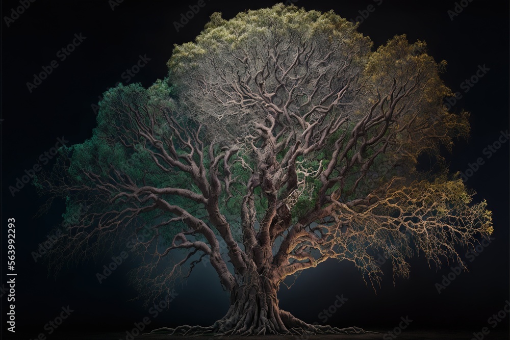 Poster a tree with no leaves and no leaves on it at night time with a black background and a black sky with