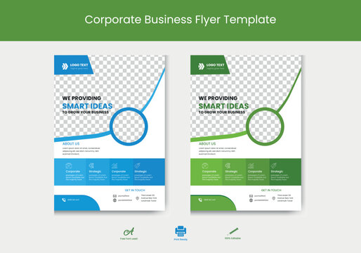 Corporate business flyer template with blue & green geometric shapes